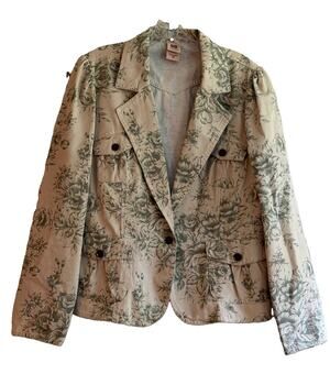 Faded Glory Womens 14 Floral Cotton Blazer Cream Green Puff Sleeve Cottagecore